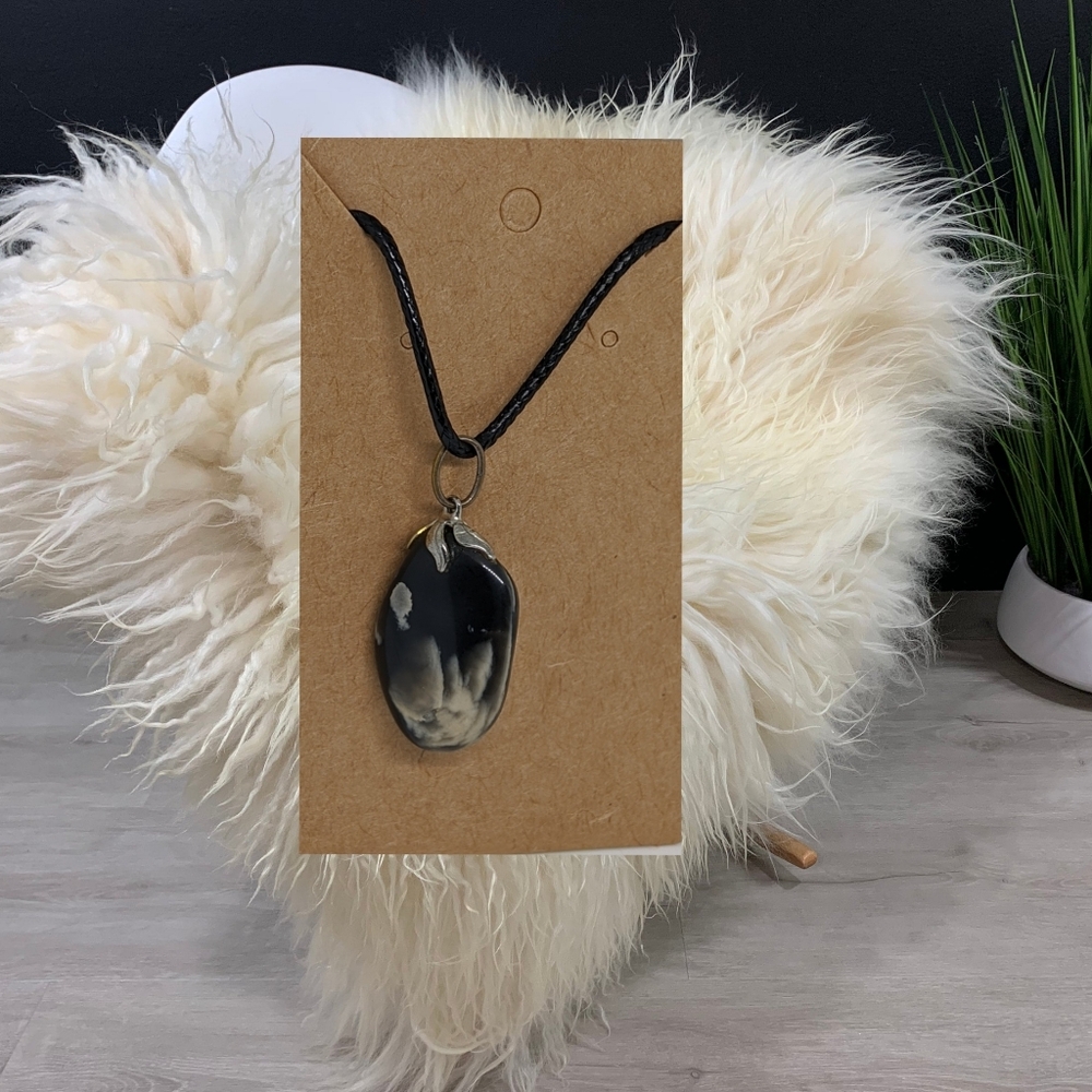 Black Agate Double Sided Pendant with Black Cord Necklace